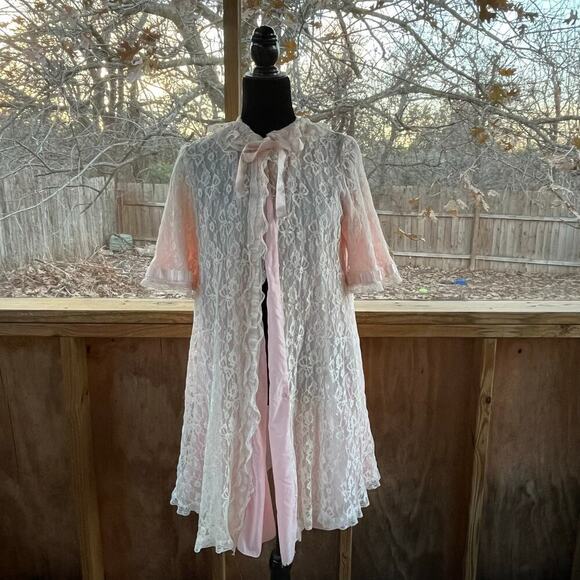 Odette Barsa Other - Odette Barsa Women's Vintage Peignoir Pink Lace Robe Dressing Gown Size S